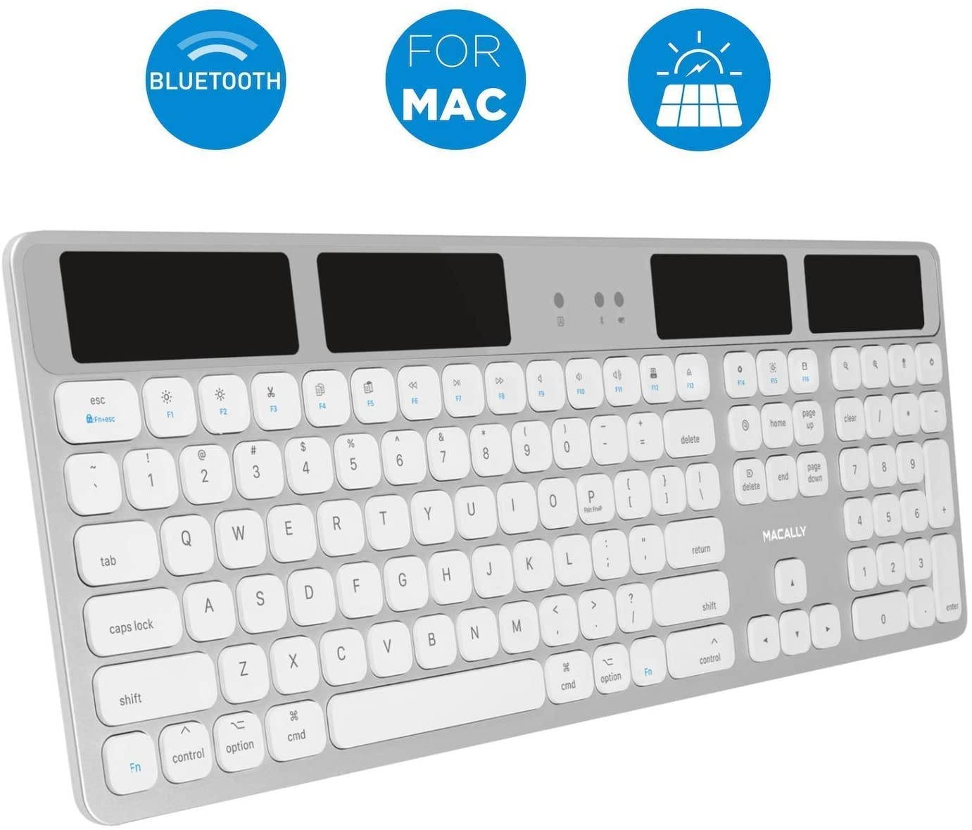 Macally Bluetooth Solar Keyboard for Mac and a 1080P Webcam with Microphone and Tripod, Save Energy