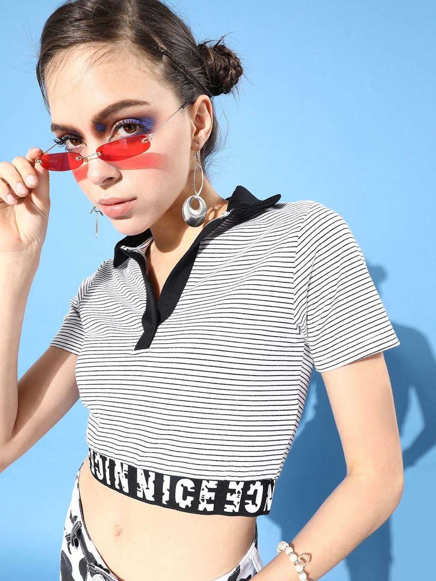 KASSUALLY Black Cotton Striped Crop Top