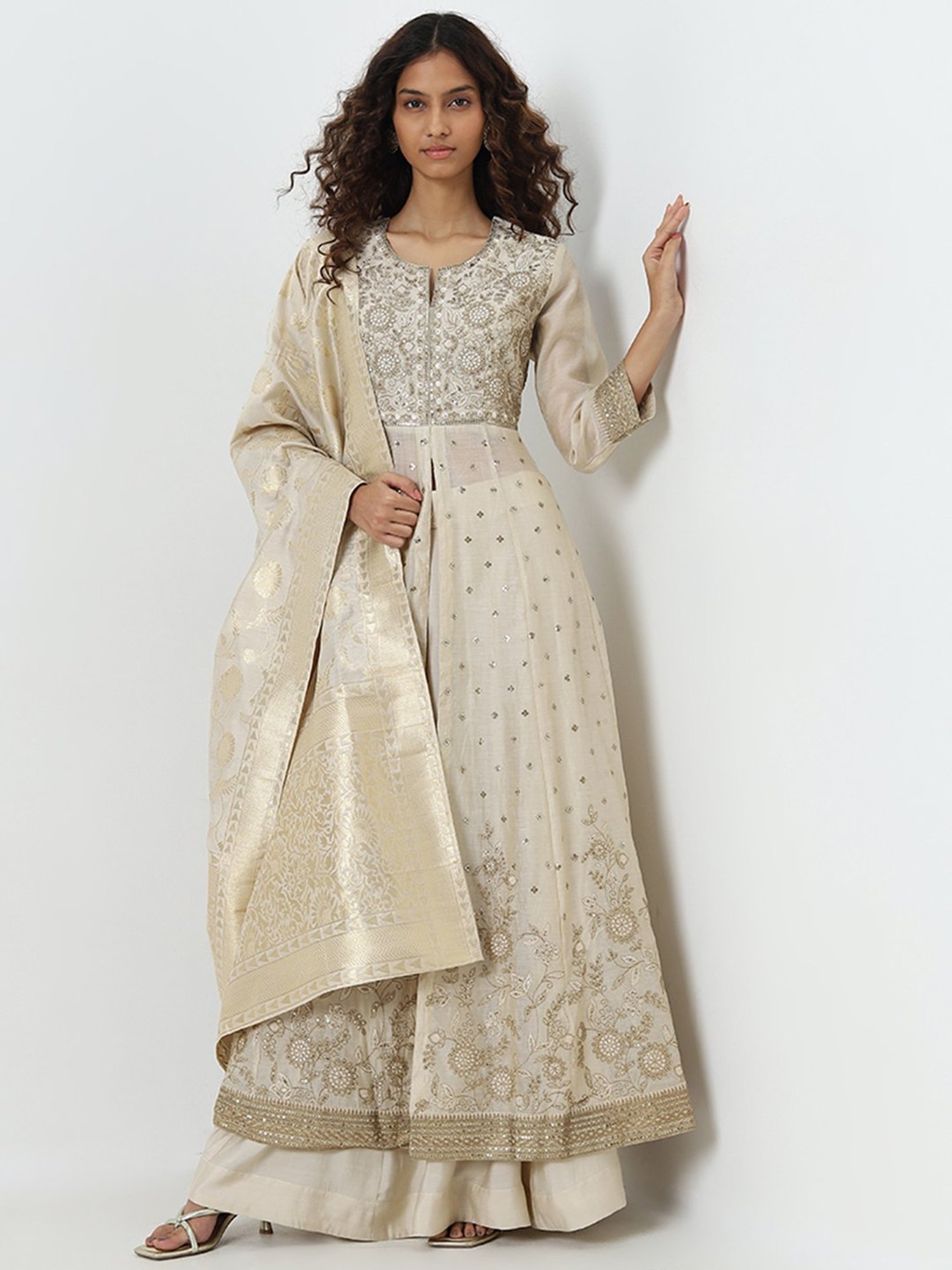 Vark by Westside Beige Embellished A-Line Kurta, Skirt and Dupatta Set