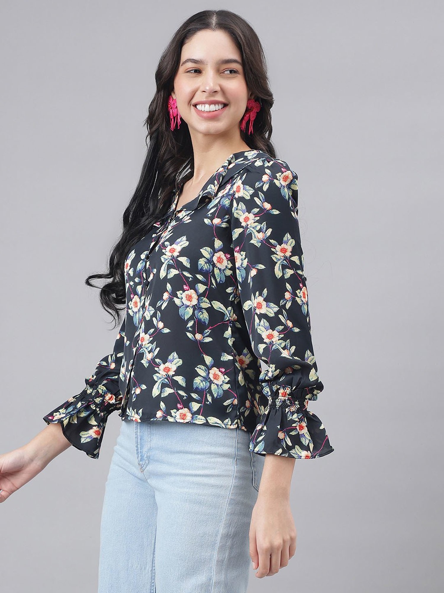 Latin Quarters Black Floral Print Top