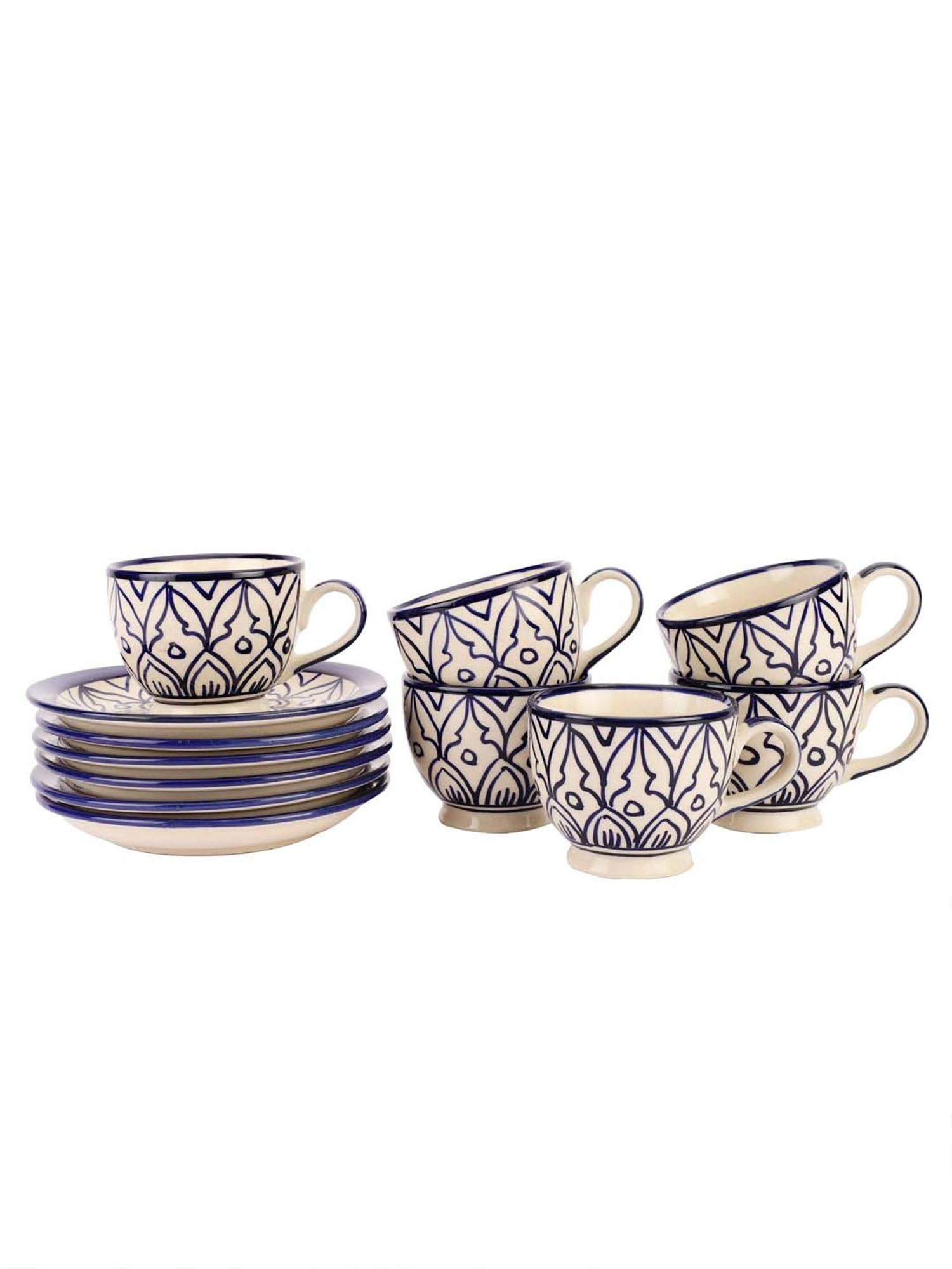 VarEesha Mehraab Off-White & Navy Ceramic Cup (0.12 L) with Saucer - Set of 6