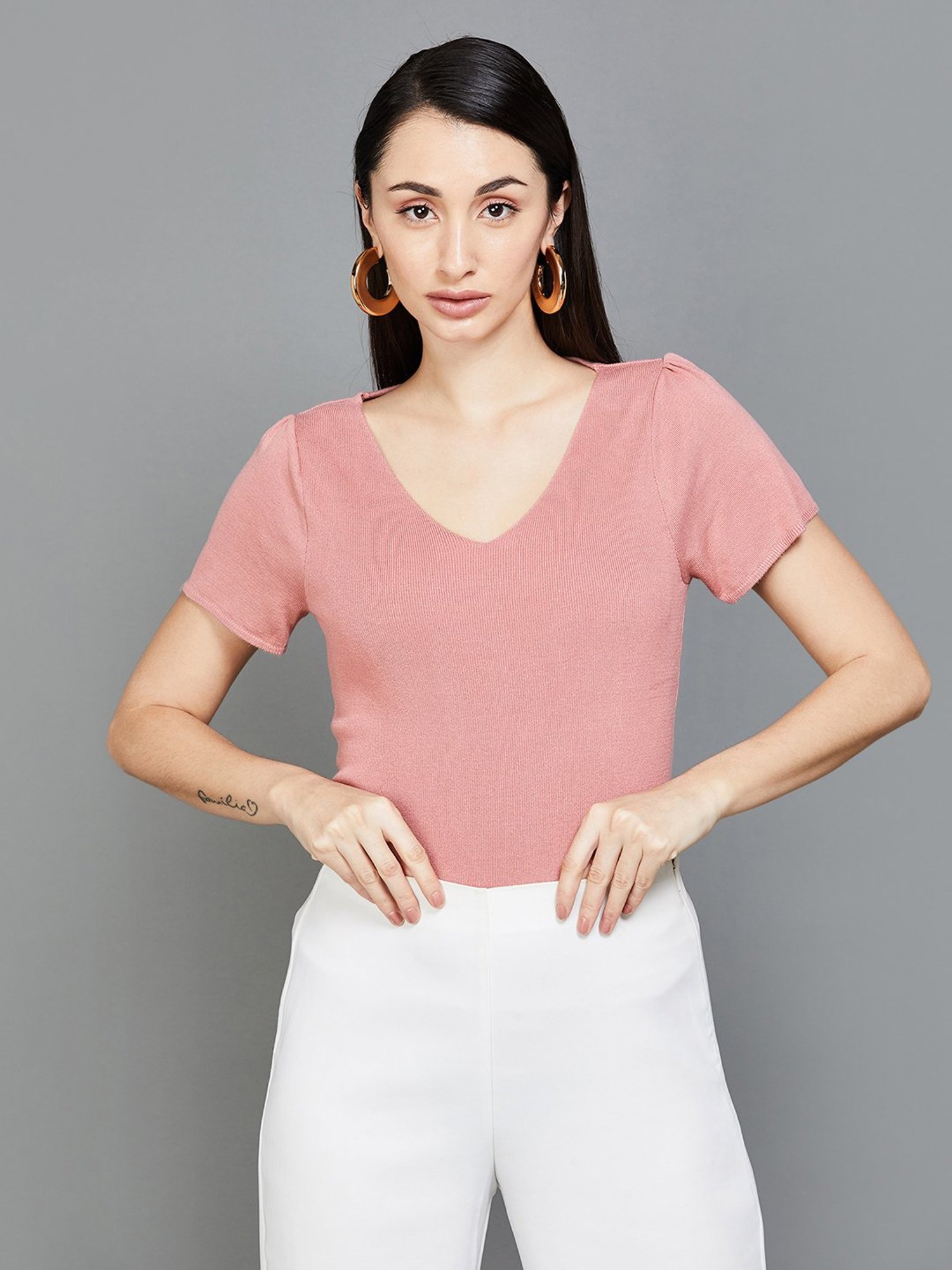 Code by Lifestyle Pink V Neck Knitted Top