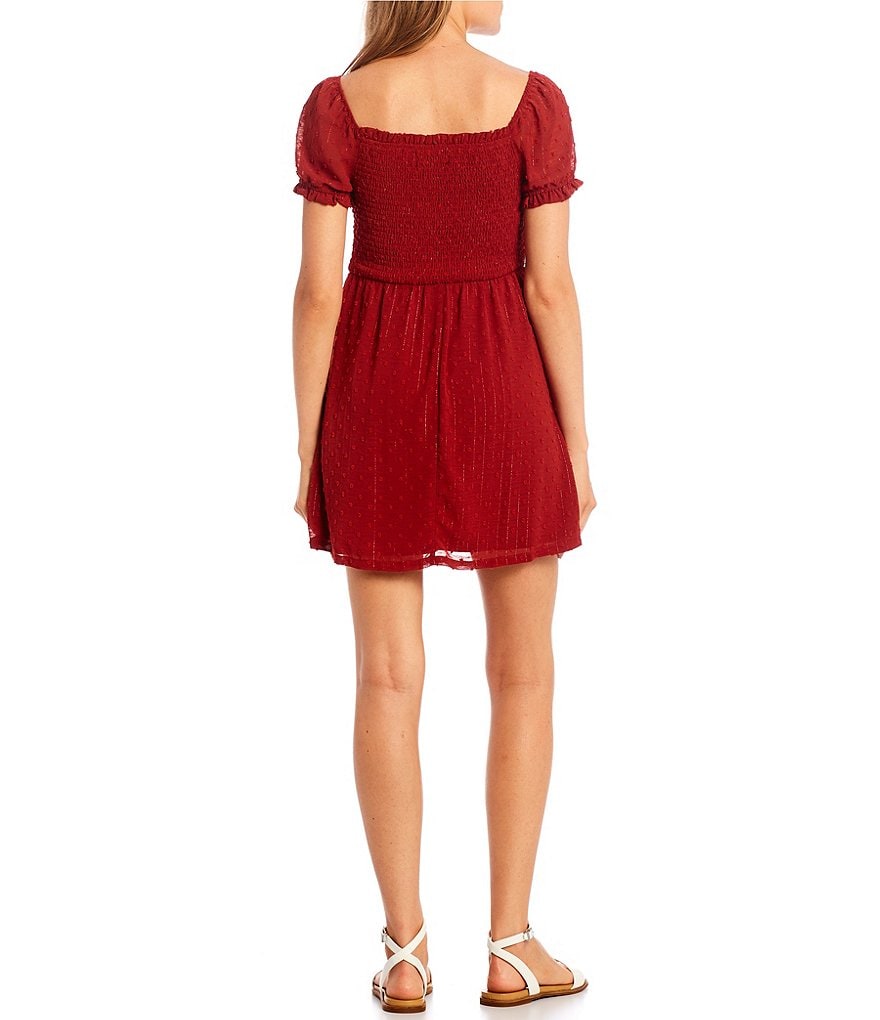 Midnight Doll Puffed-Sleeve Clip-Dot Fit-And-Flare Dress