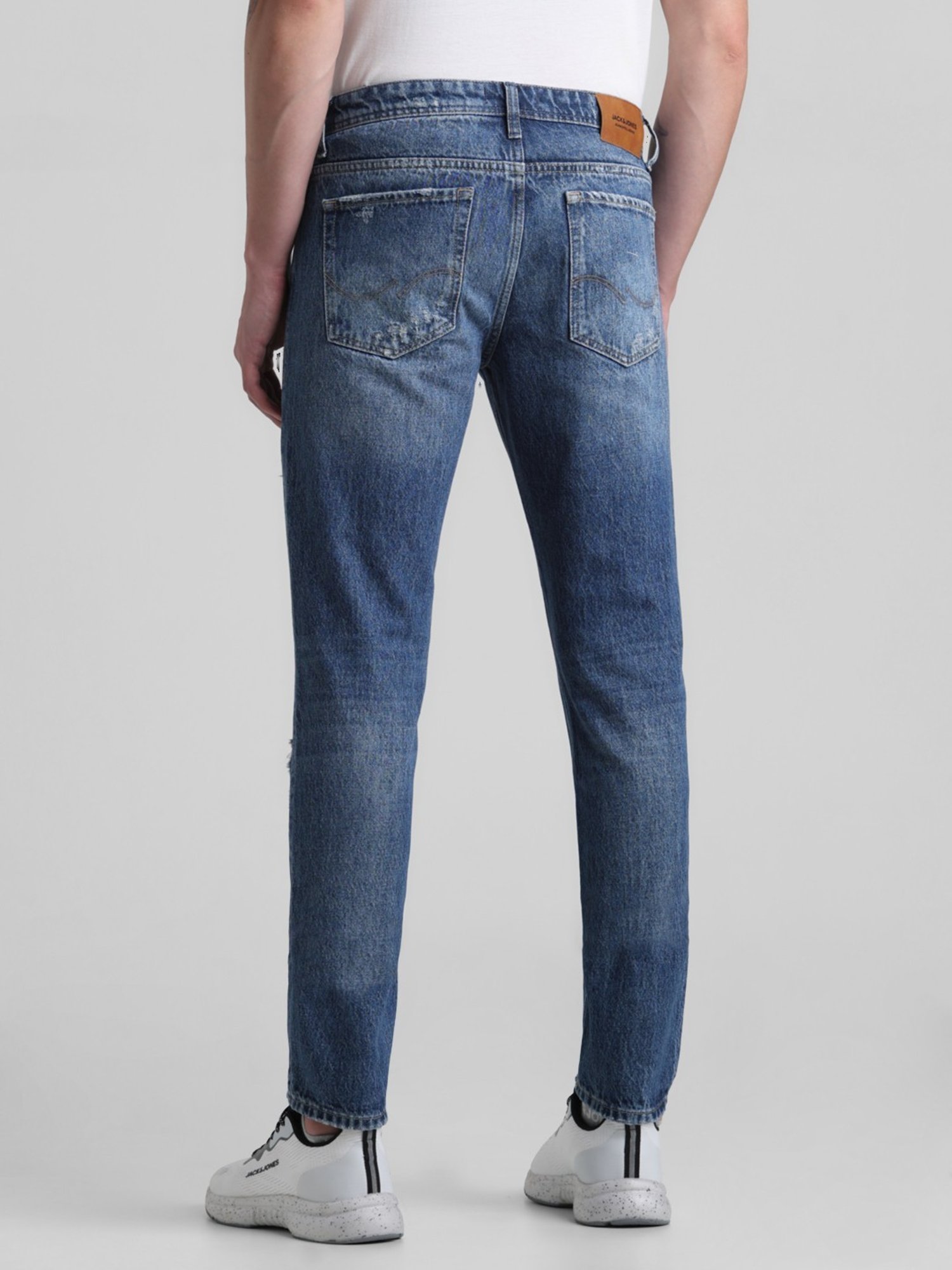 Jack & Jones Dark Blue Denim Cotton Slim Fit Distressed Jeans
