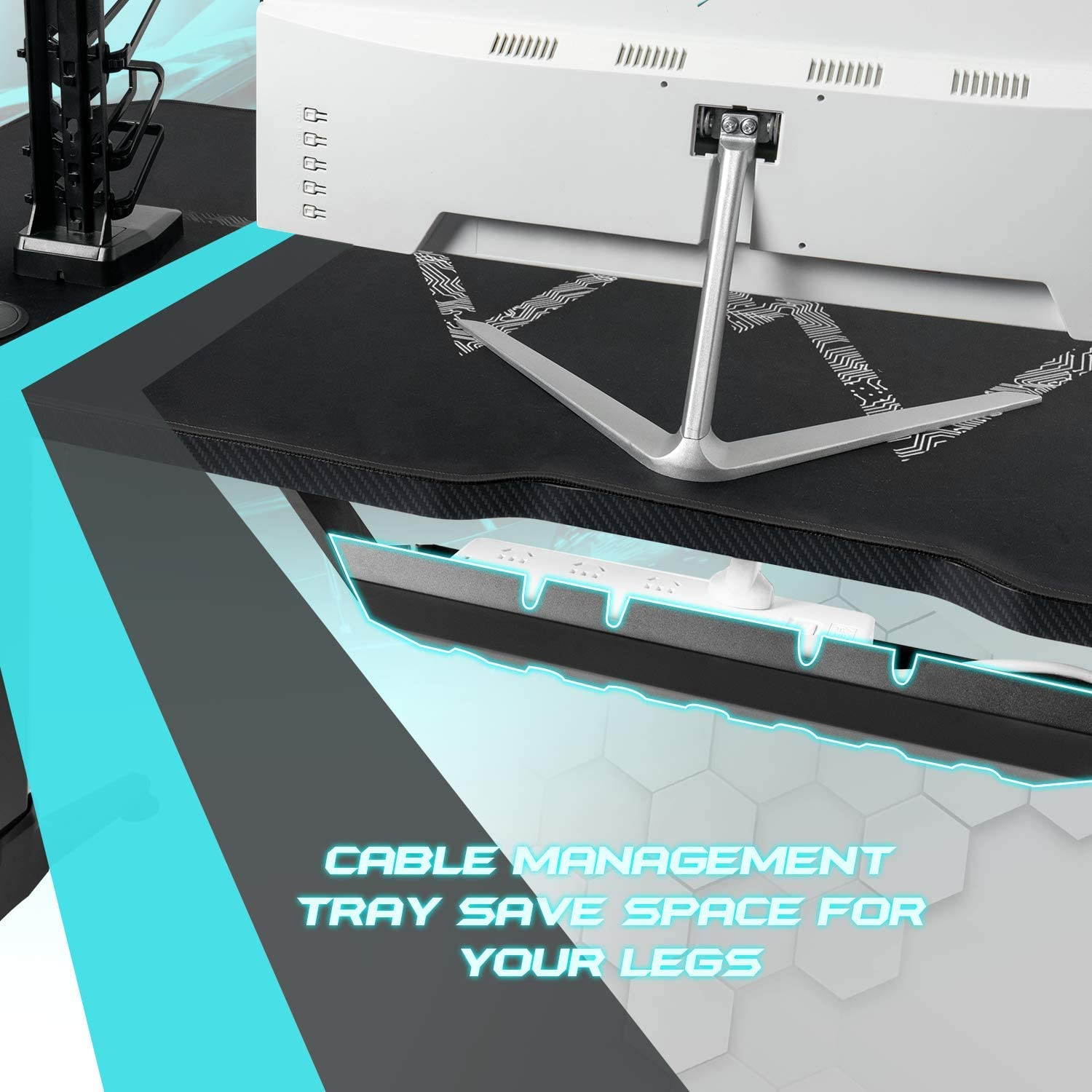 Furmax 43 Inch Gaming Desk Racing Style PC Computer Desk Y-shaped Home Office with Desk Large Carbon Fiber Desktop, Cup Holder, Headphone Hook, Full Mouse Pad, and Gaming Handle Rack (Black)