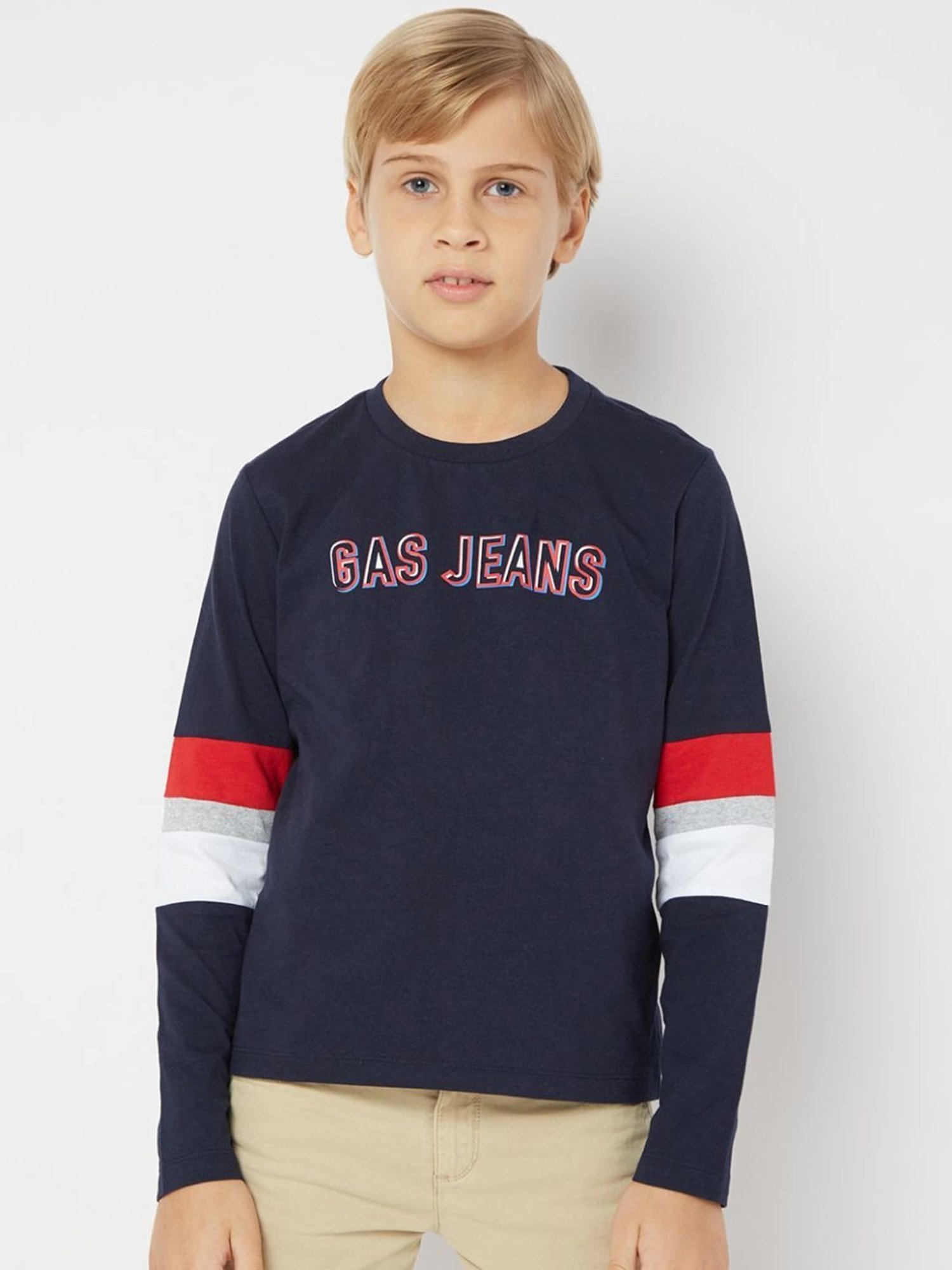 GAS Boys Navy Cotton Printed Full Sleeves T-Shirt
