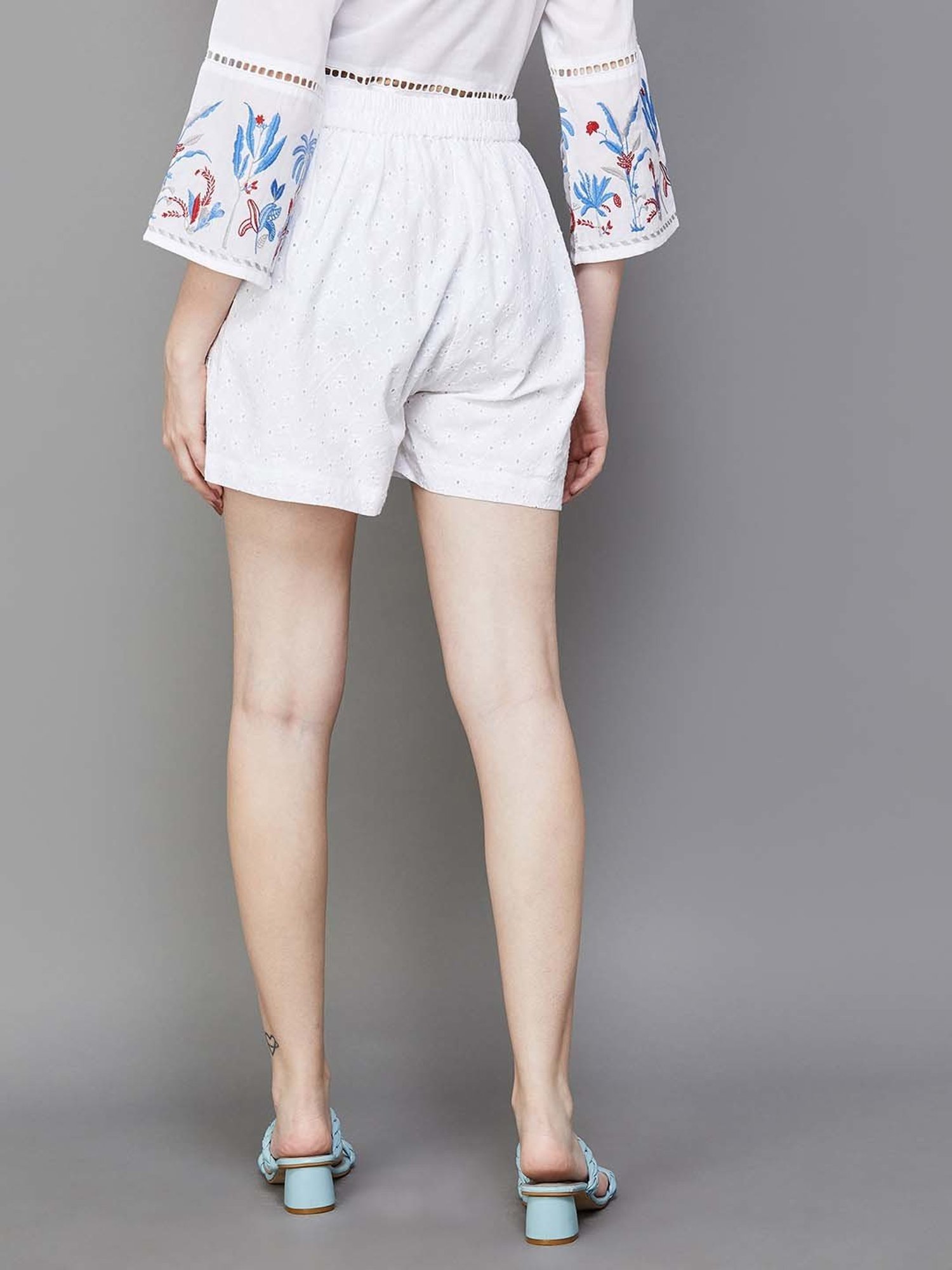 Colour Me by Melange White Cotton Self Pattern Shorts