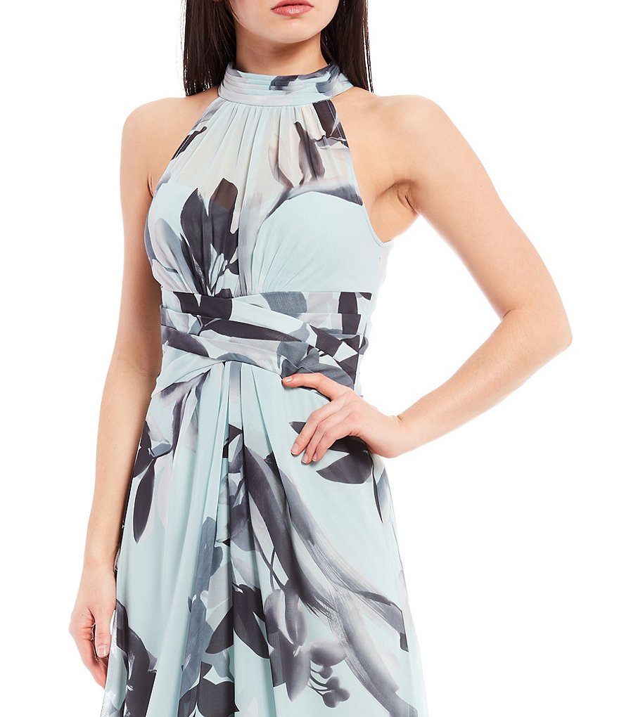 Adrianna Papell Petite Size Sleeveless Floral Halter Neck Pleated Gown