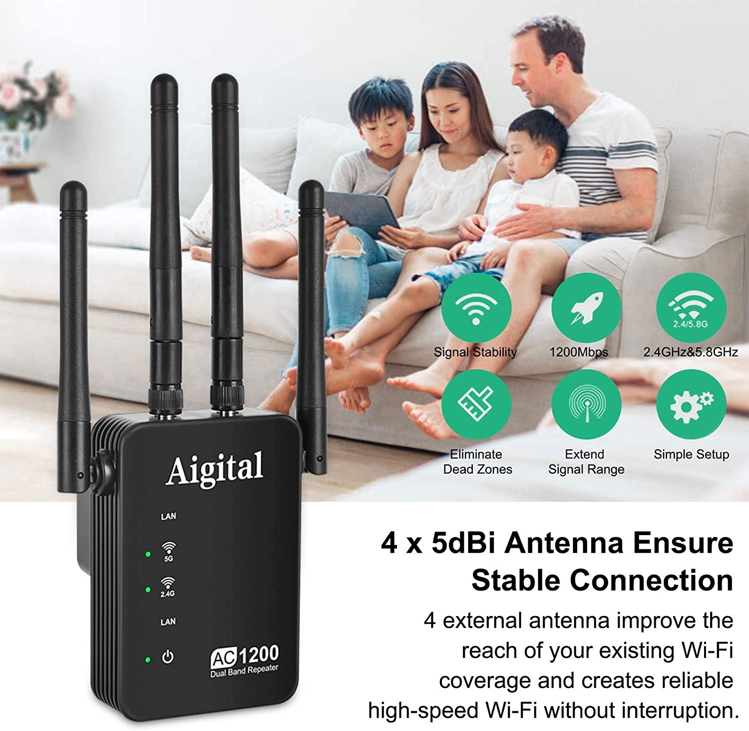Aigital WiFi Repeater Extender 1200mbps WiFi Range Extender Dual Band 2.4G&5G Wireless Extender with 2 Ethernet Ports Router & Reapter & AP Mode-Covers 32 Devices with 4 External Advanced Antennas