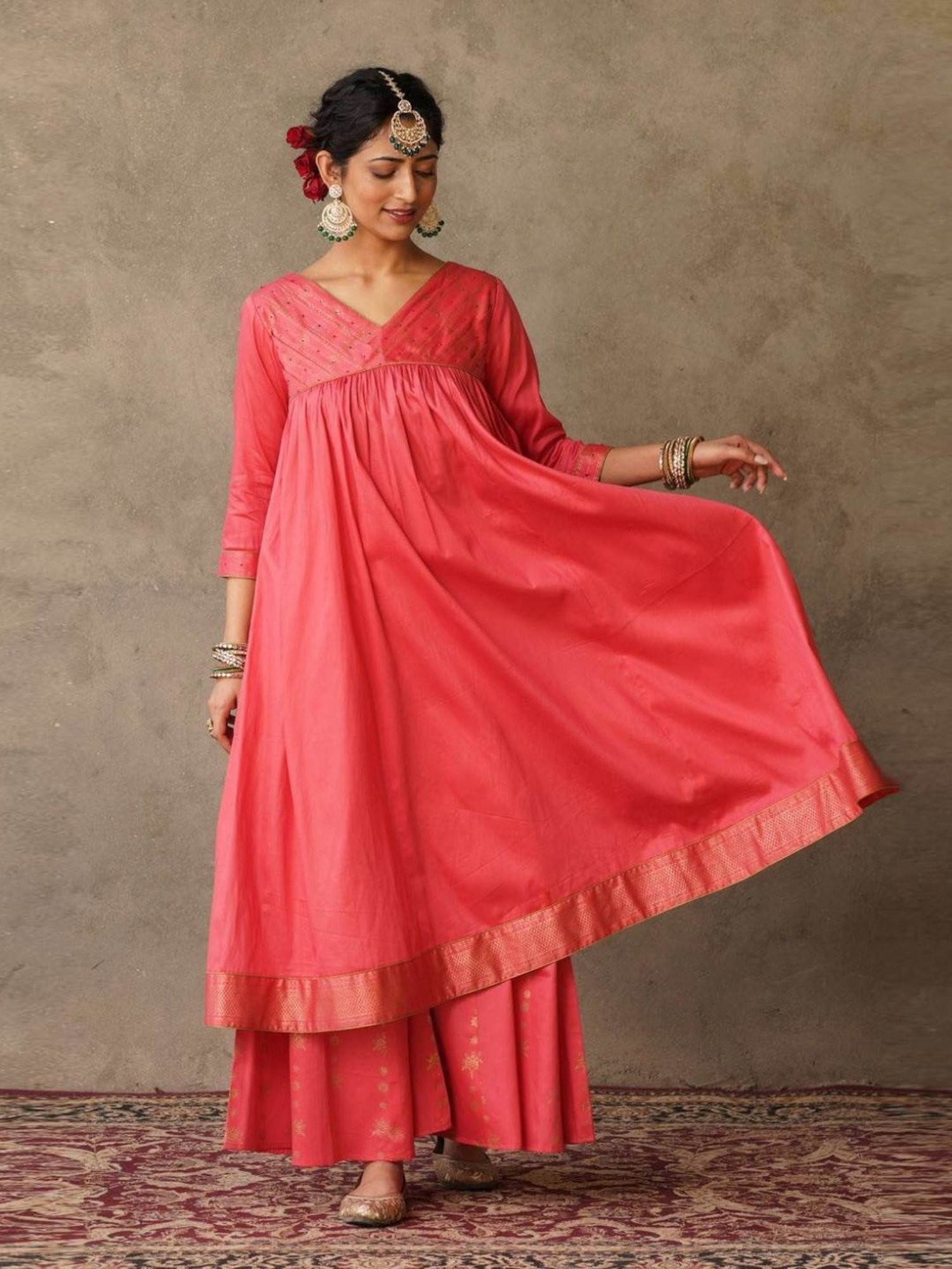Akiso Coral Parv Block Printed Anarkali Kurta with Hand Embroidery Details On Yoke