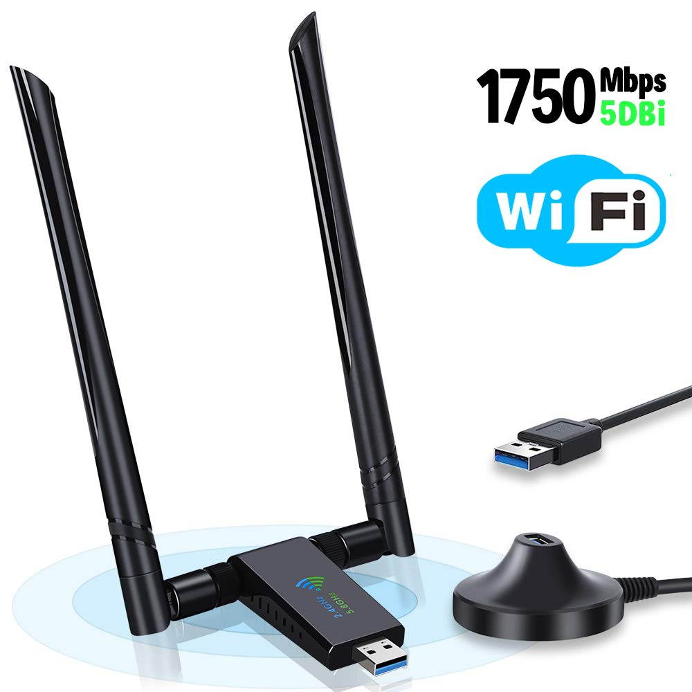 USB WiFi Adapter 1750Mbps,USB 3.0 Wireless Network WiFi Dongle with Dual 5dBi Antenna, 802.11ac Dual Band 2.4GHz/5.8GHz for Desktop Laptop PC, Supports Windows XP/Vista/7/8/10 Linux Mac