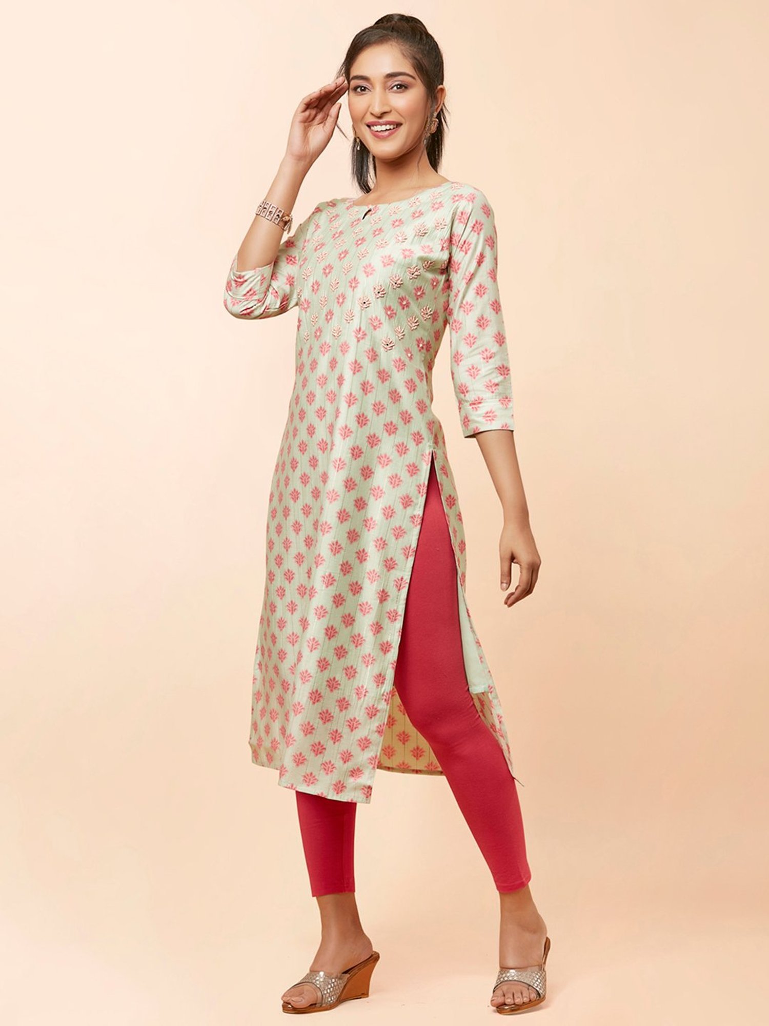 URBAN MYSTIC Light Green Embroidered A Line Kurta