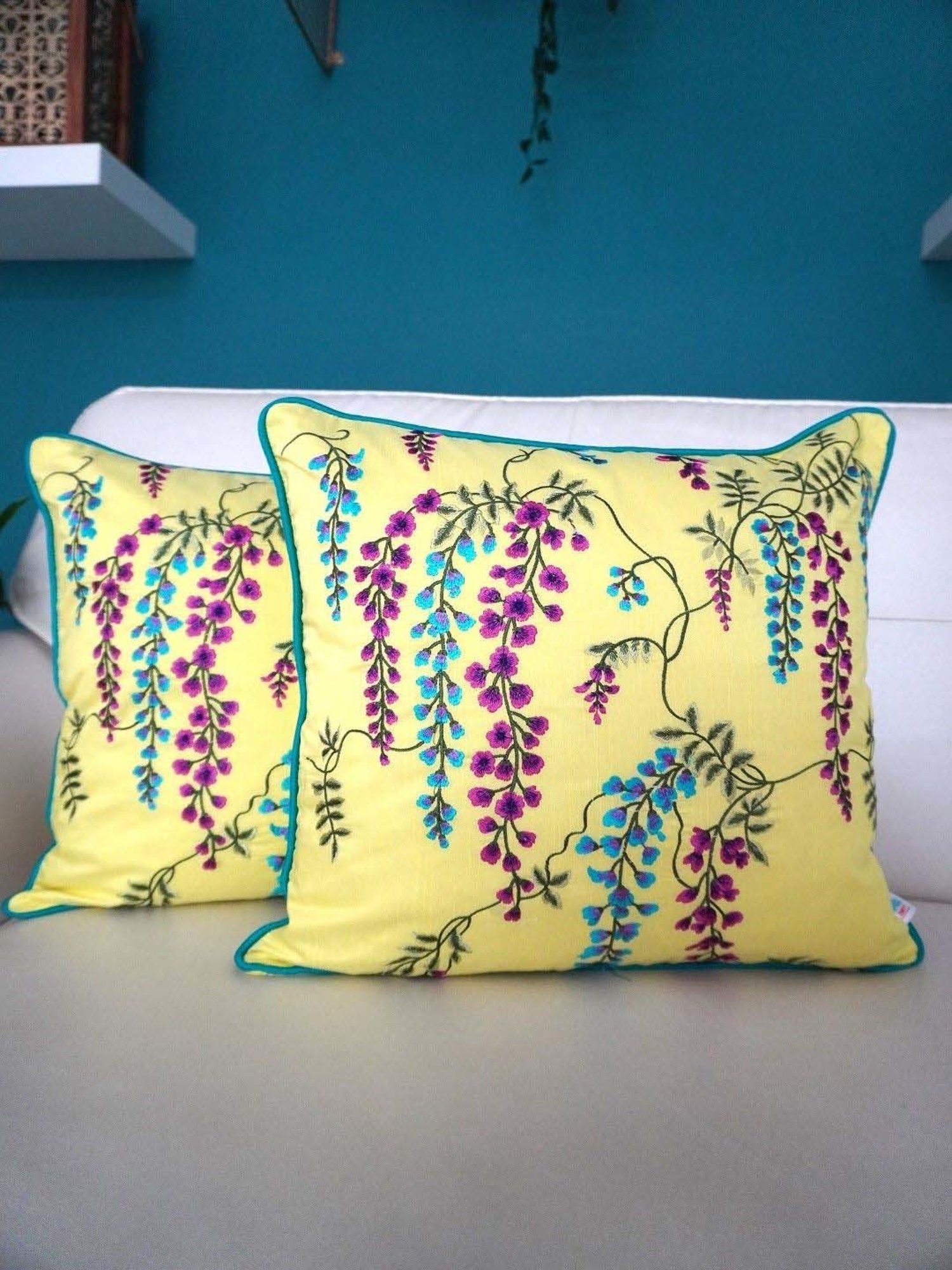 TARA Sparkling Homes Wisteria Yellow Cotton Cushion Cover - Set of 2