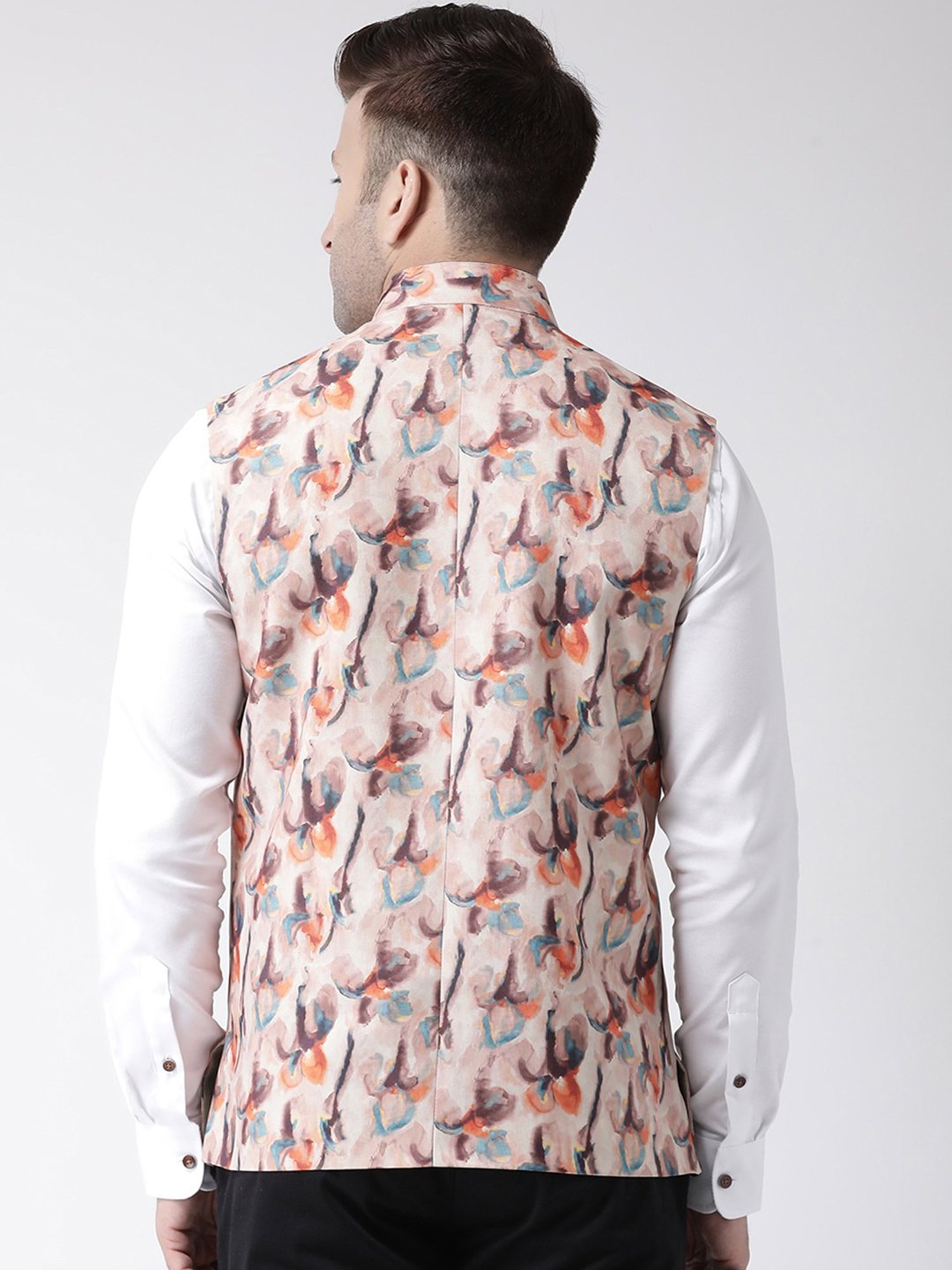 Hangup Plus Cream Regular Fit Printed Nehru Jacket