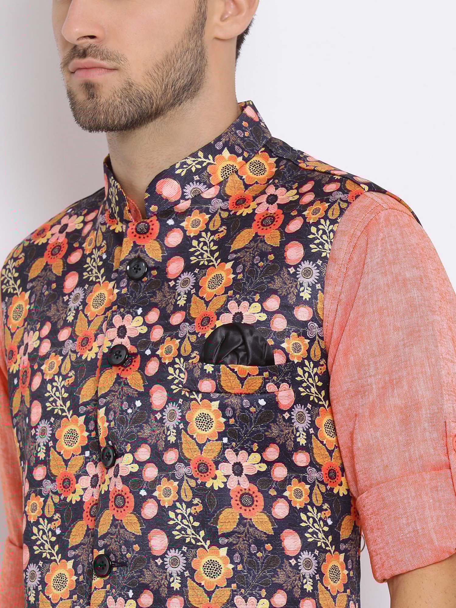 Hangup Plus Orange & White Regular Fit Short Kurta & Trousers Set With Nehru Jacket