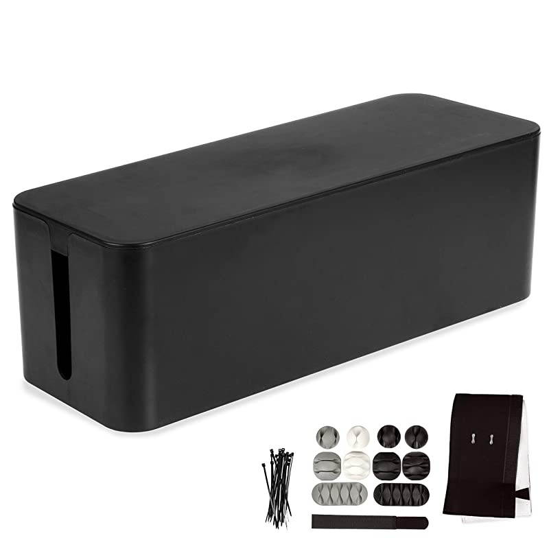 Cable Management Box Black Cord Organizer and Hider for Wires Power Strips Surge Protectors amp More Includes Cable Sleeve Hook and Loop Keepers Zip Ties amp Clips