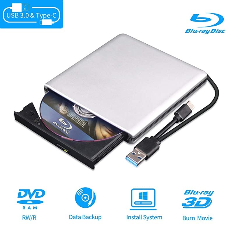 Blu Ray DVD Drive 3D USB 30 and TypeC Bluray CD DVD Reader Slim Optical Portable Bluray Drive for MacBook OS Windows xp7810 Linux Laptop PC SilverGrey