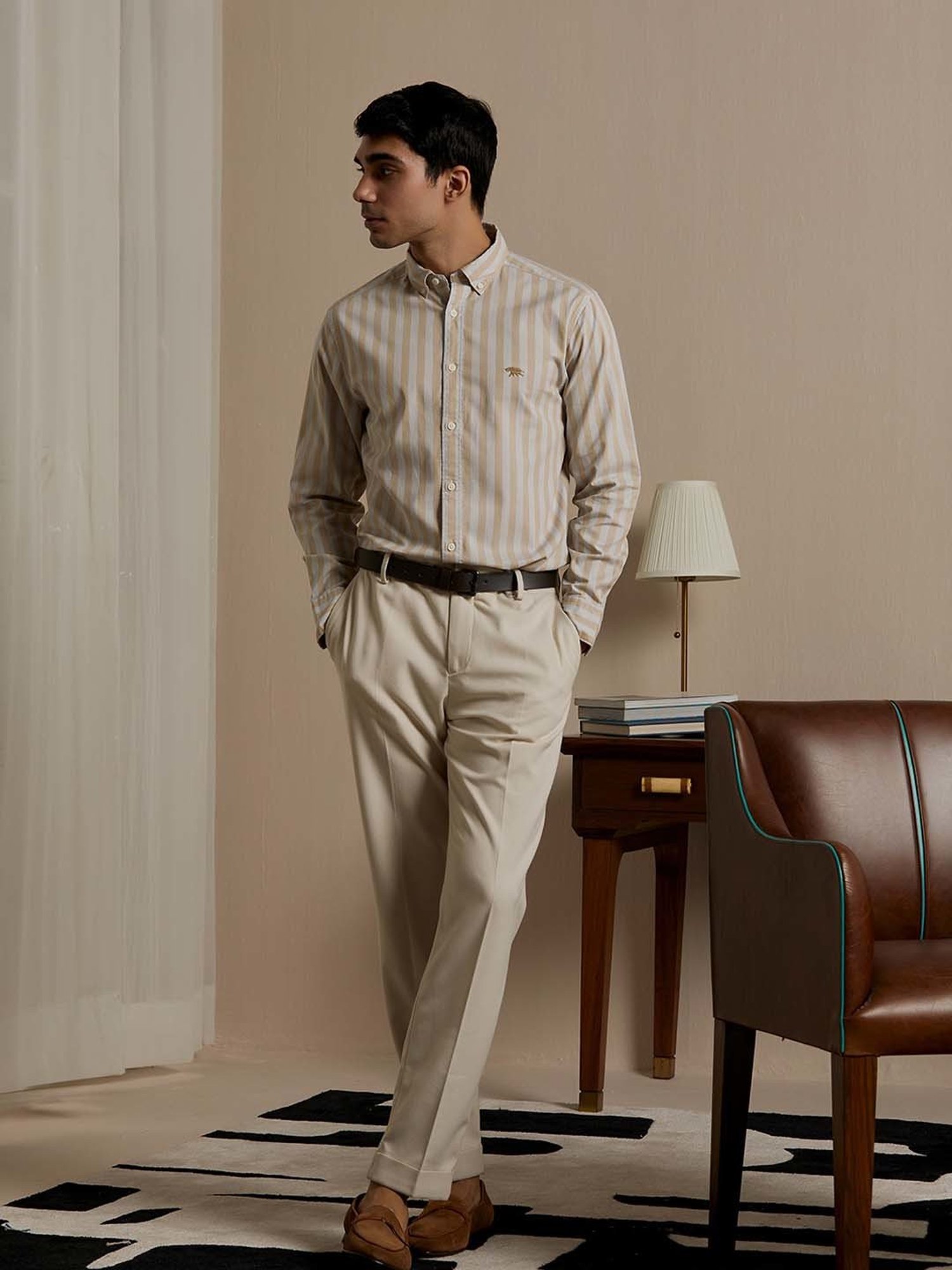 ANDAMEN Beige Slim Fit Striped Cotton Shirt