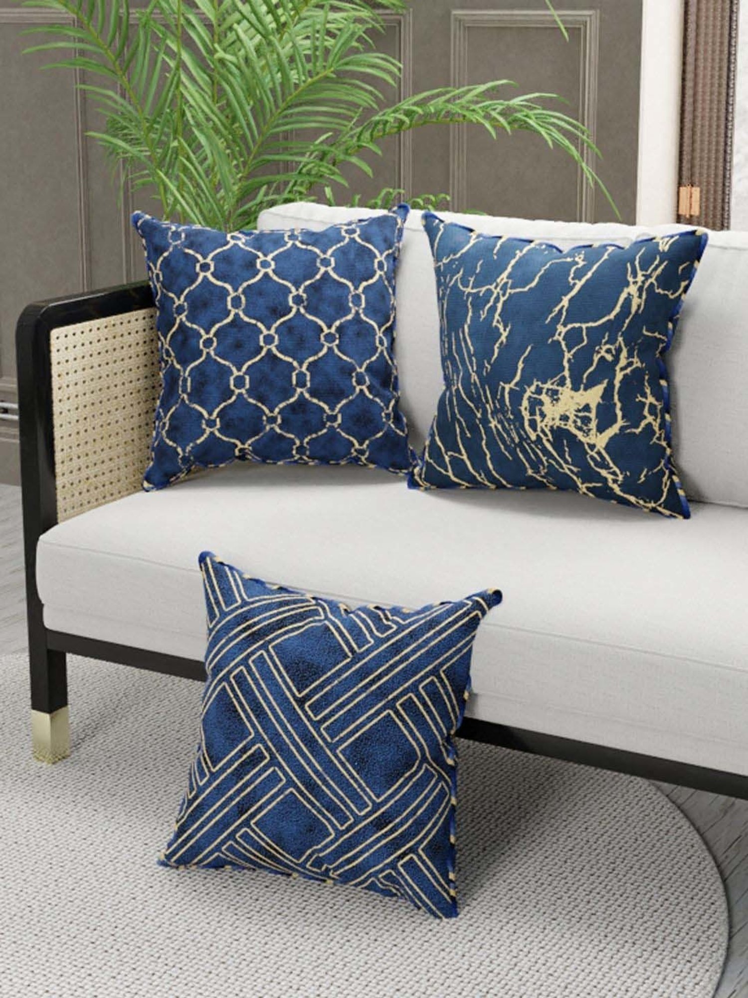 Bianca Suzane Navy & Golden Microfibre Cushion Cover - Set of 3