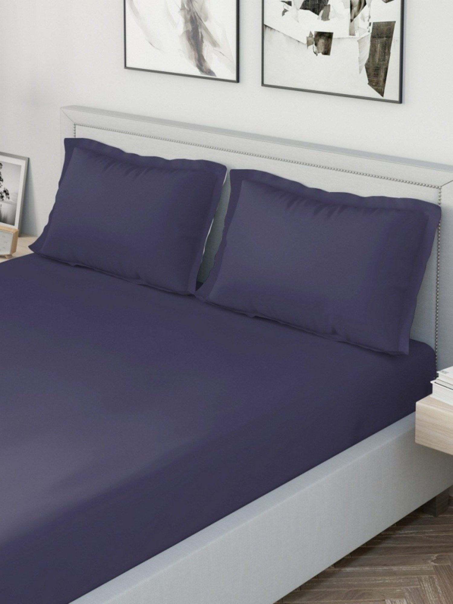 DDecor Solid Blue 180 TC Cotton King Fitted Bed Sheet With 2 Pillow Covers