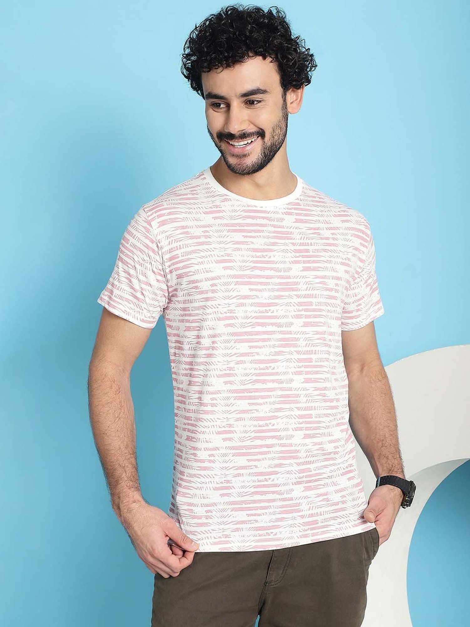 Venitian- Forbidden Clothing Rose Pink Slim Fit Printed Crew T-Shirt