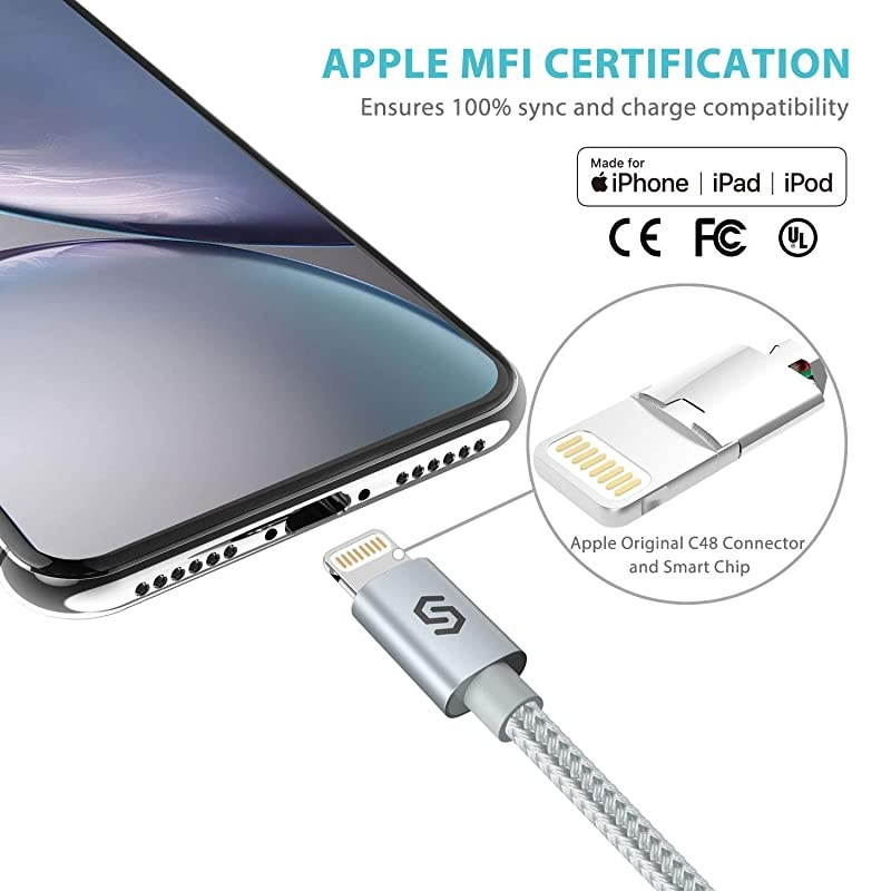 iPhone Charger Lightning Cable 6ft Apple MFI Certified NylonBraided HighSpeed SyncCharging Cord for iPhone 11Xs MaxXsXRX 8 7 6s 6 Plus SE 5S 5C 5 iPad iPod More Silver
