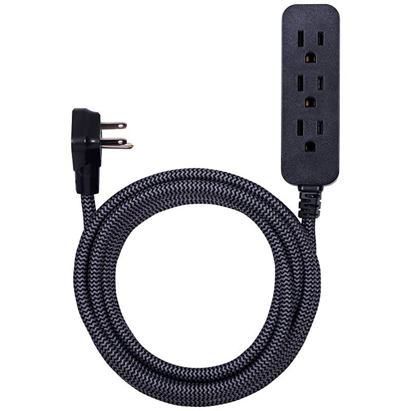 Designer Extension Cord with Sur Protection Braided Power Cord 15 ft 3 Grounded Outlets Flat Plug Premium BlackGrey 44237