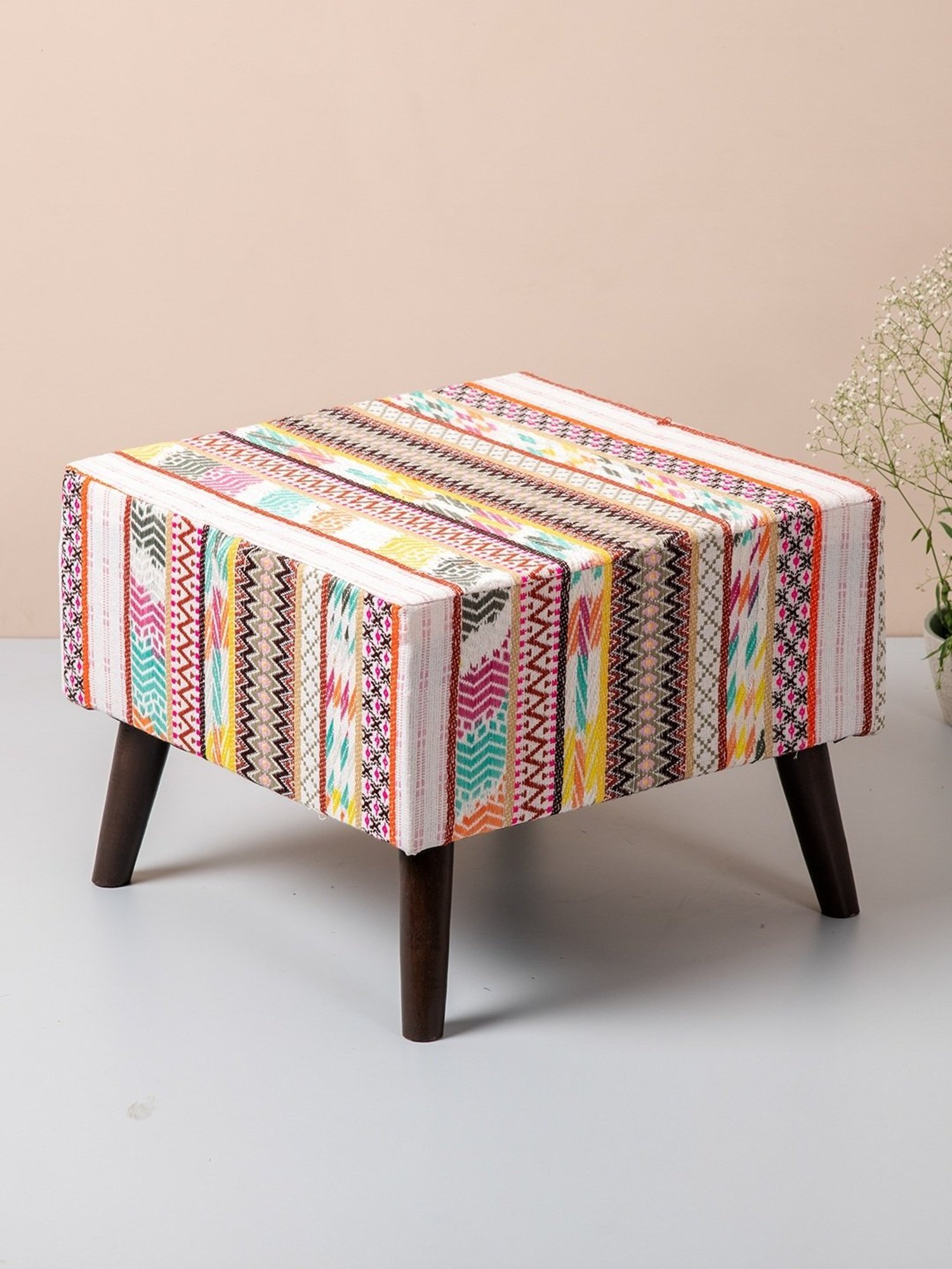 Nestroots Printed Multicolor Cotton Canvas 4 Leg Chowki - Set of 2