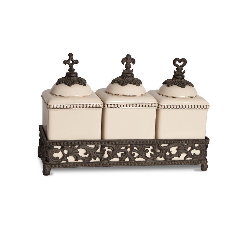GG Collection Acanthus Leaf Hope, Love, and Faith Ceramic Jars with Ornate Brown Metal Tray.