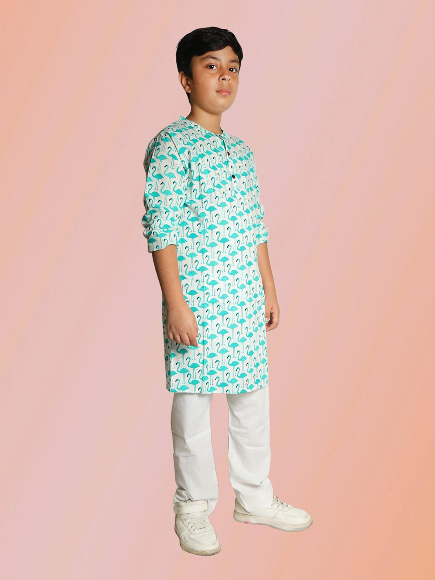 Tippy Top Kids Turquoise & White Printed Full Sleeves Kurta with Pyjamas