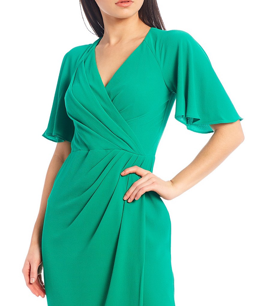 Maggy London Draped Faux Wrap Flutter Sleeve Crepe Midi Dress