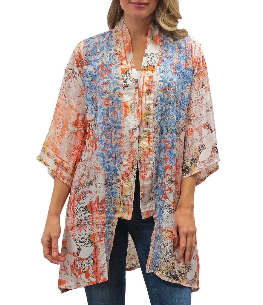 Karyn Seo Ana Embroidered Print Silk Blend Shawl Collar Cardigan