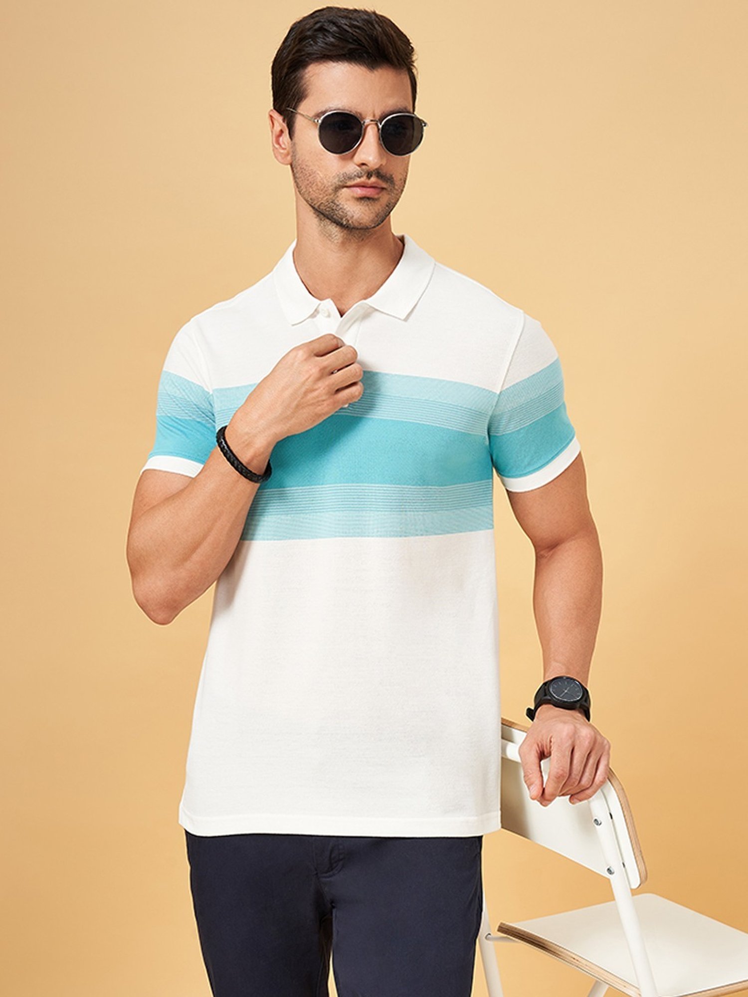 Byford By Pantaloons White Slim Fit Striped Polo T-Shirt