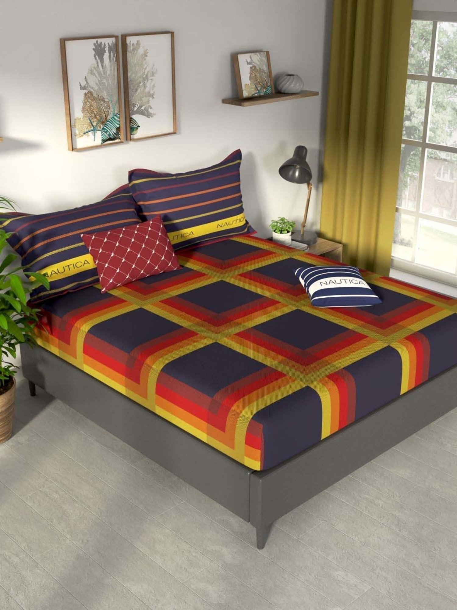 NAUTICA Pacific Coast Purple & Yellow Cotton 160 TC King Bedsheet with 2 Pillow Cover