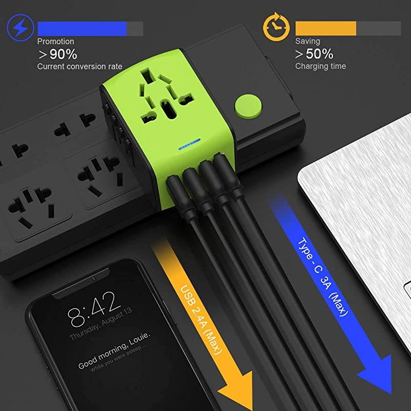 Plug Adapter, Universal Adapter, Power Plug Adapter, International Power Adapter with 3 USB & 1 Type-C Accessories for UK, EU, US, AUS 170 Countries (Green)