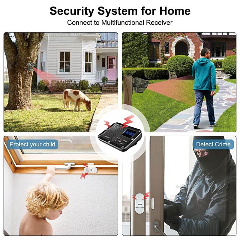 Window Alarm for Home Driveway Alarm Alert Multifunctional 4 Piece Wireless Home Security System Rechargeable BatteryWeatherproofMute ModeClock and Alarm