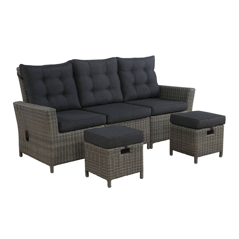Asti 3pc Wicker Outdoor Seating Set with Reclining Sofa & 2 15" Ottomans - Gray - Alaterre Furniture