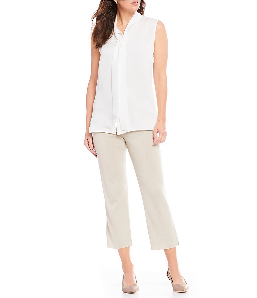 Misook Sleeveless Mandarin Collar Tie Neck Washable Blouse