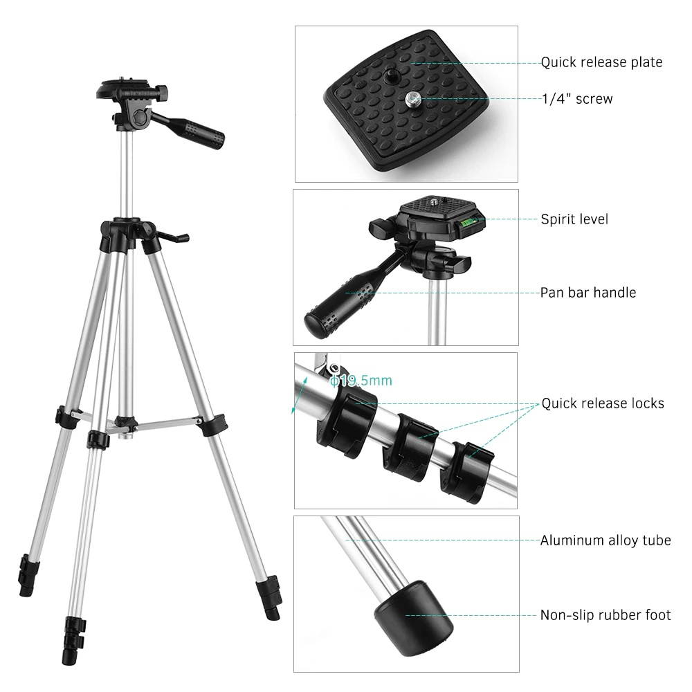 46inch/118cm Aluminum Alloy Camera Tripod Lightweight Portable Photography Video Tripod Max. Load 2.5kg with Carrying Bag