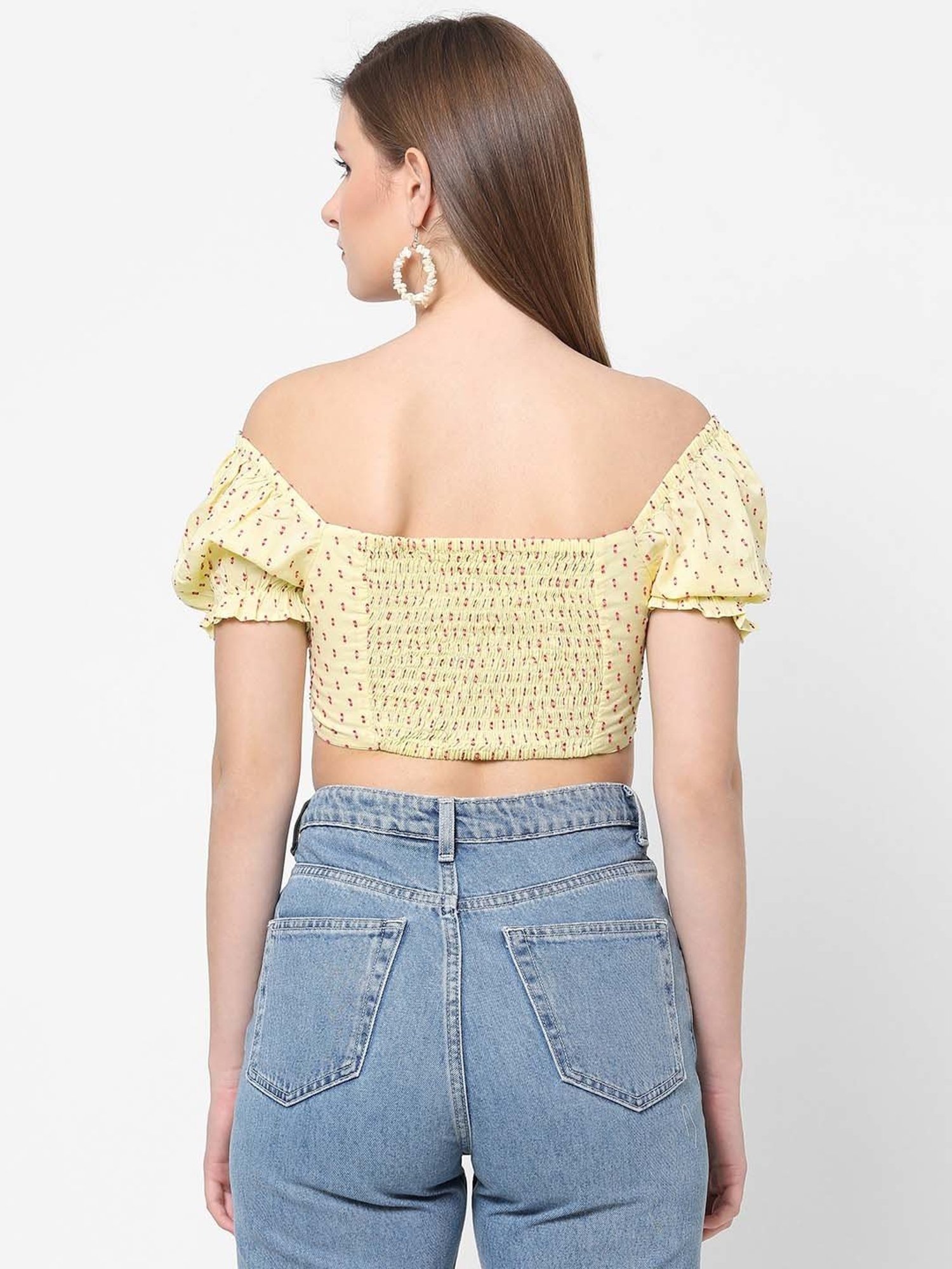 VASTRADO Yellow Cotton Self Pattern Crop Top