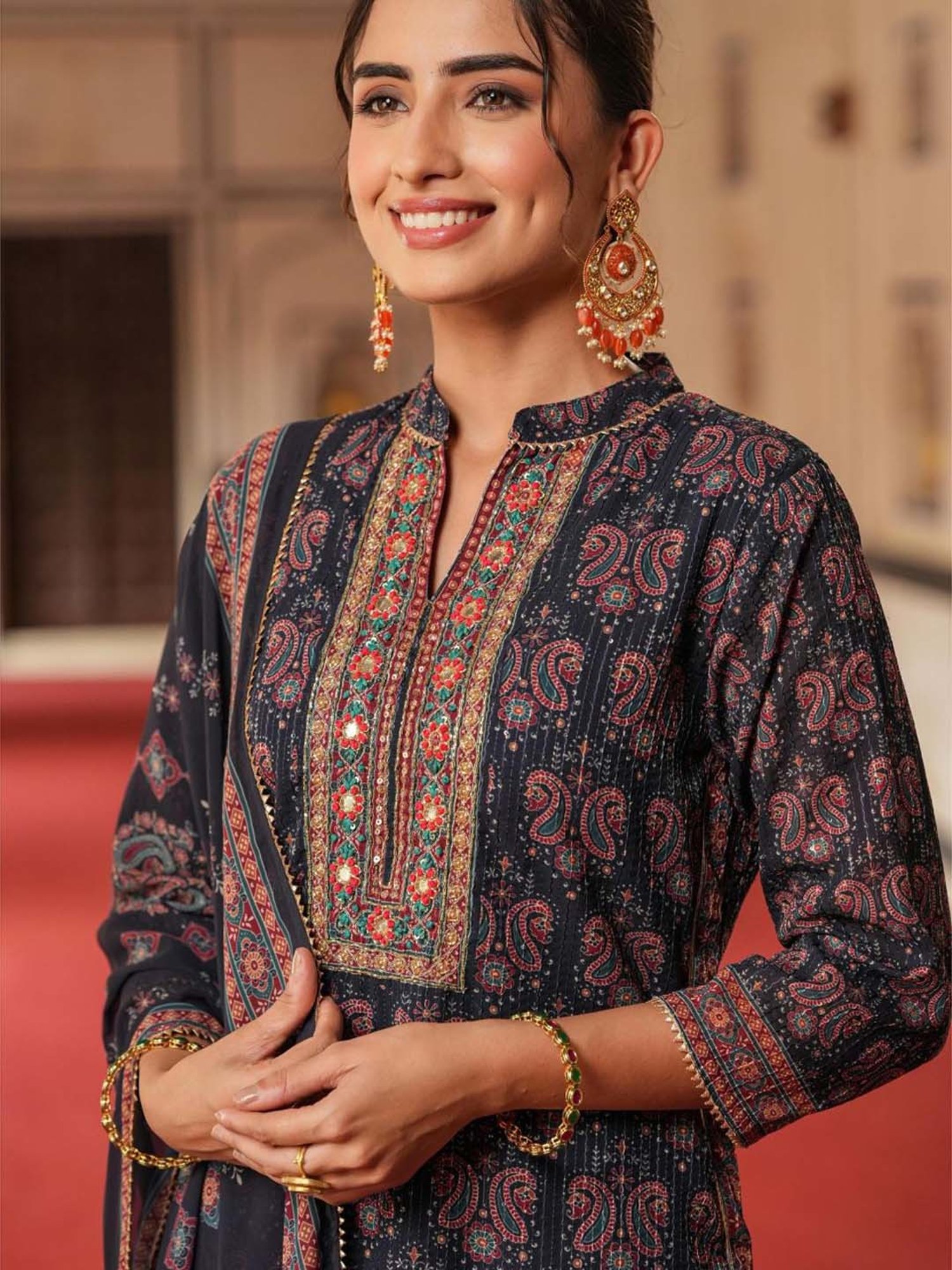 SCAKHI Navy Printed Kurti Sharara Set With Dupatta