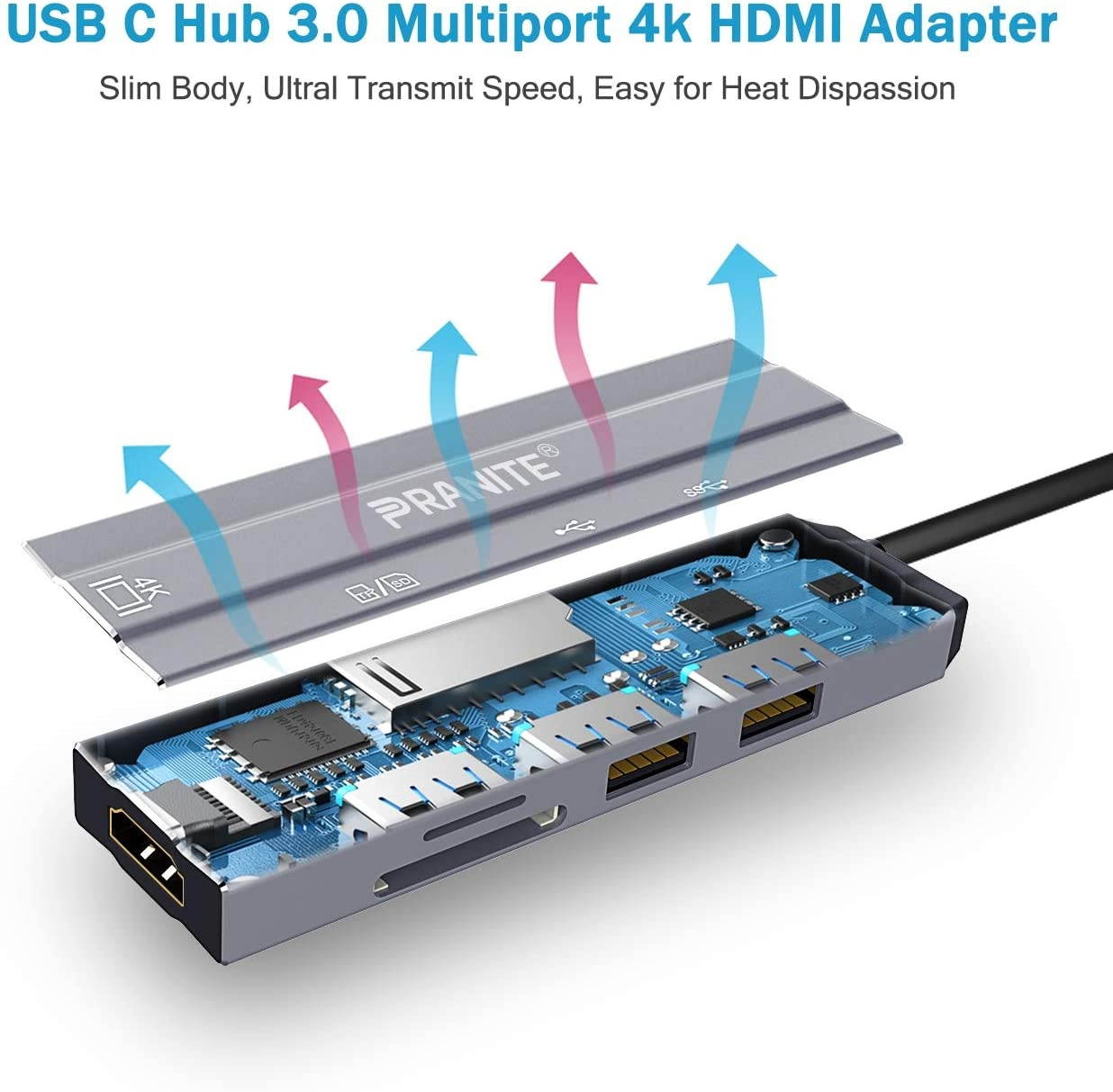 USB C Hub Multiport AdapterPRANITE 6-in-1 Portable Aluminum Dongle Docking Station with 4K 30Hz HDMI OutputUSB3.0/2.0 SD Card Reader Compatible for MacBook and More Type C Devices(Space Gray)