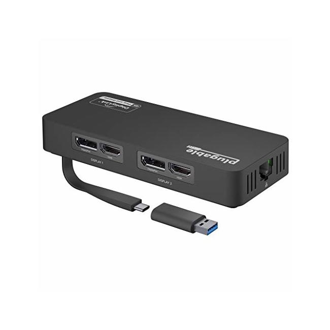 Plugable 4K DisplayPort and HDMI Dual Monitor Adapter with Ethernet for USB 3.0 and USB-C, Compatible with Windows and Mac