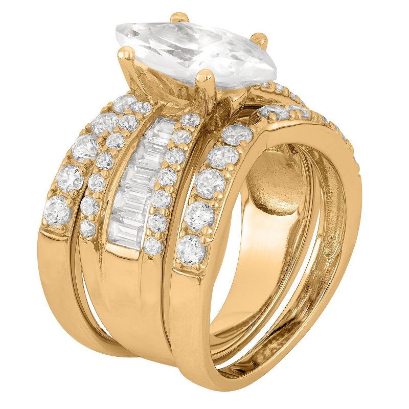 4.35 CT. T.W. 14x7mm Marquise-Cut Cubic Zirconia with Baguette Side Stones 3-Piece Ring Set In 14K Gold Over Silver - (5)