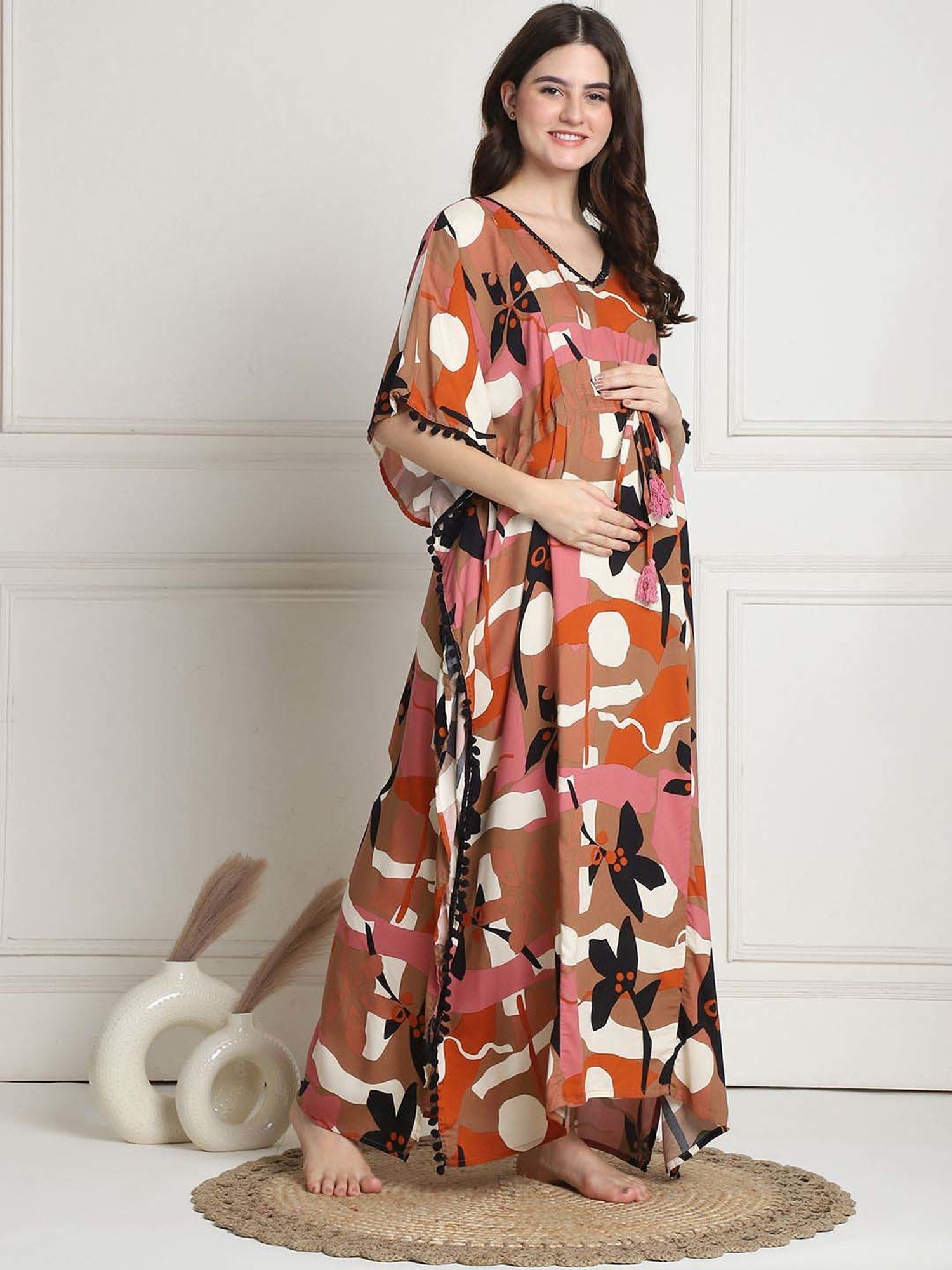 Secret Wish Brown Printed Maternity Kaftan