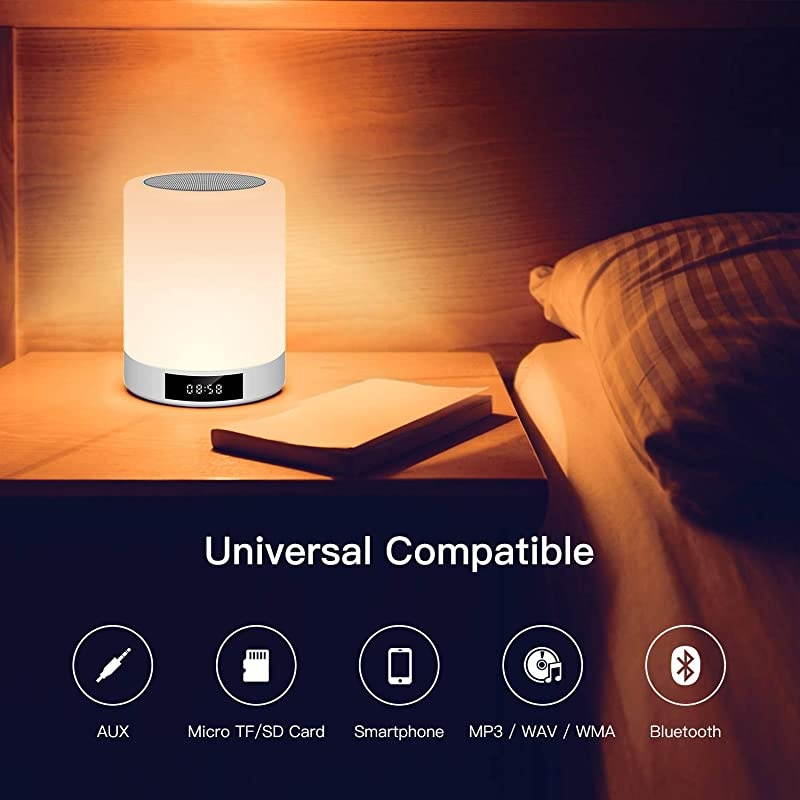 Night Light Bluetooth Speaker  Wireless Stereo Speaker with Alarm Clock MP3 Player FM Radio Touch Control Table Lamp Dimmable Warm Lights amp 7 Colors Themes for KidsPartyBedroom