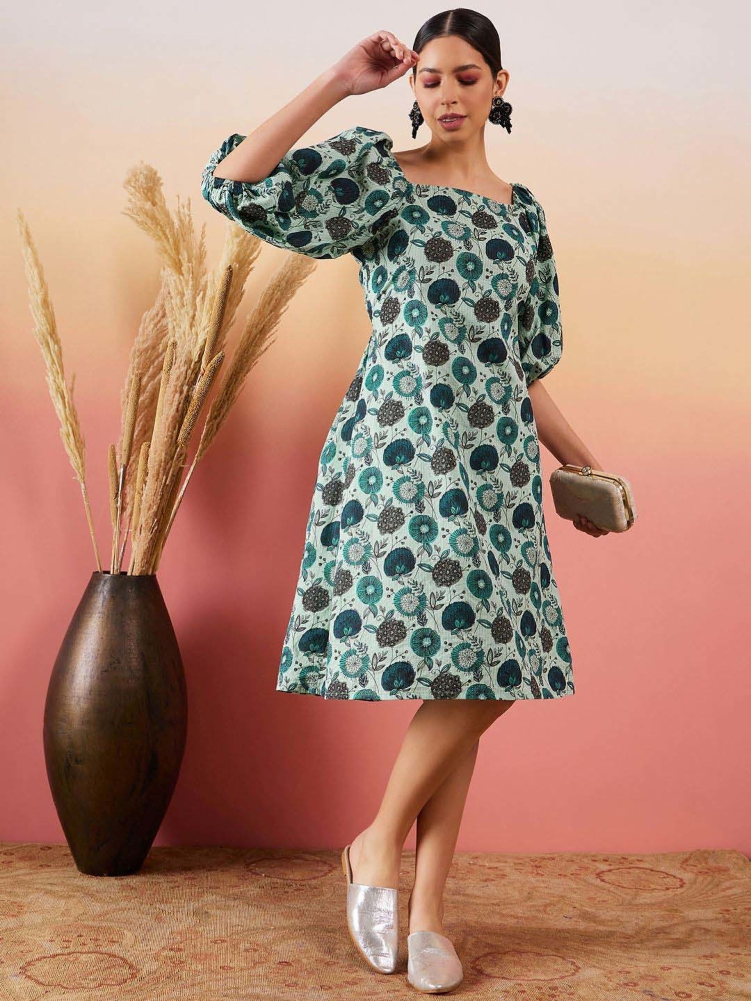 Inweave Blue Cotton Floral Print A-Line Dress