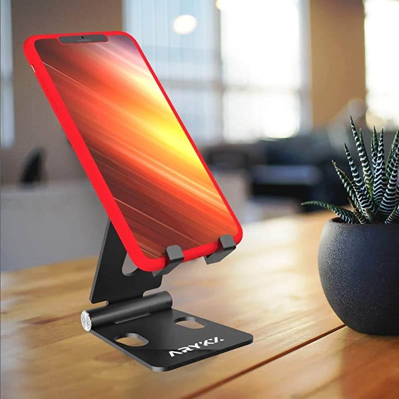 Desktop Phone Holder Stand - Smartphone, Tablet Cradle - Foldable, Aluminum Standing Bracket Compatible with iPhone, Nintendo Switch - Portable Screen Mount, 270-Degree Adjustable Angle