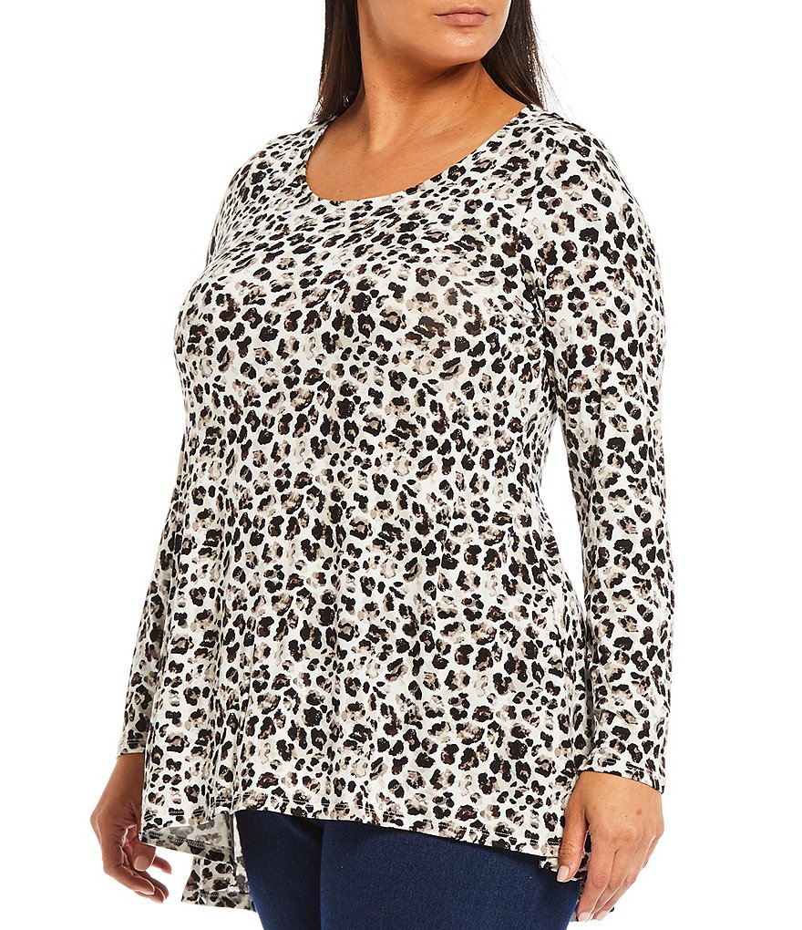 Intro Plus Size Scoop Neck Long Sleeve Pleat Back Detail Hi-Low New Ivory Multi Leopard Print Swing Top