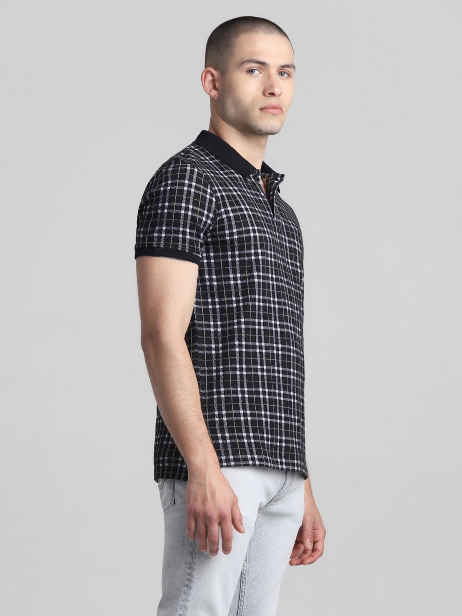 Jack & Jones Jet Black Cotton Regular Fit Checks Polo T-Shirt